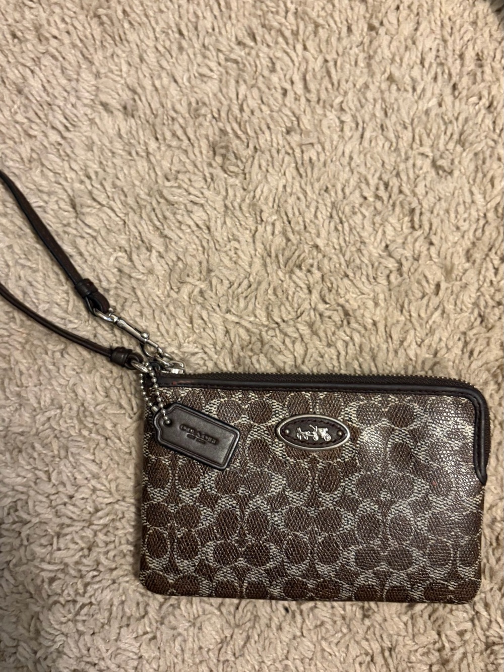 Coach Brown Signature Zip Wristlet with Leather Trim